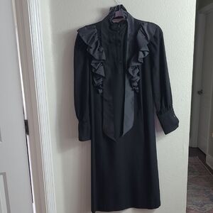 Giorgio Sant'angelo Vintage Women's Black Ruffle-Front Long Sleeve Wool Dress 8